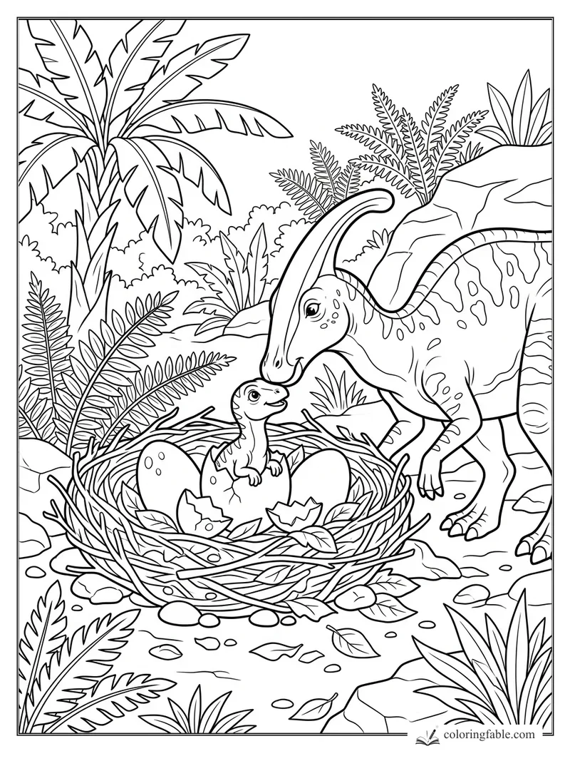 Parasaurolophus touching noses with a baby dinosaur in a twig nest among jungle ferns and cracked eggs.
