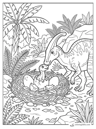 Parasaurolophus touching noses with a baby dinosaur in a twig nest among jungle ferns and cracked eggs.