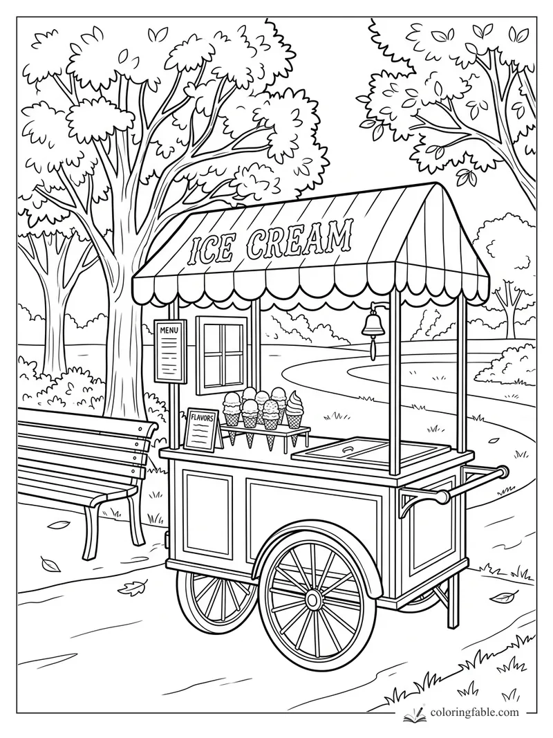 Ice cream cart in a park with striped awning, cones, menu signs, bench, trees, bell, and path