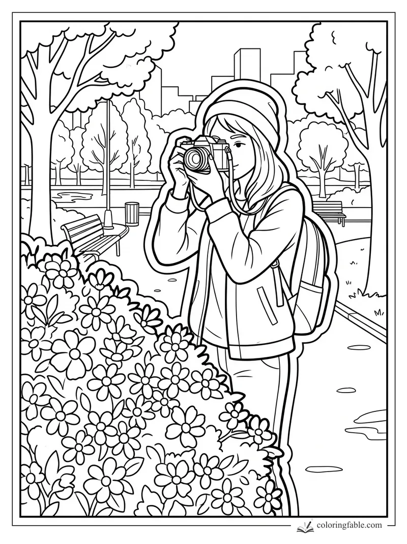 Girl with beanie and backpack photographing flowers in a city park coloring page