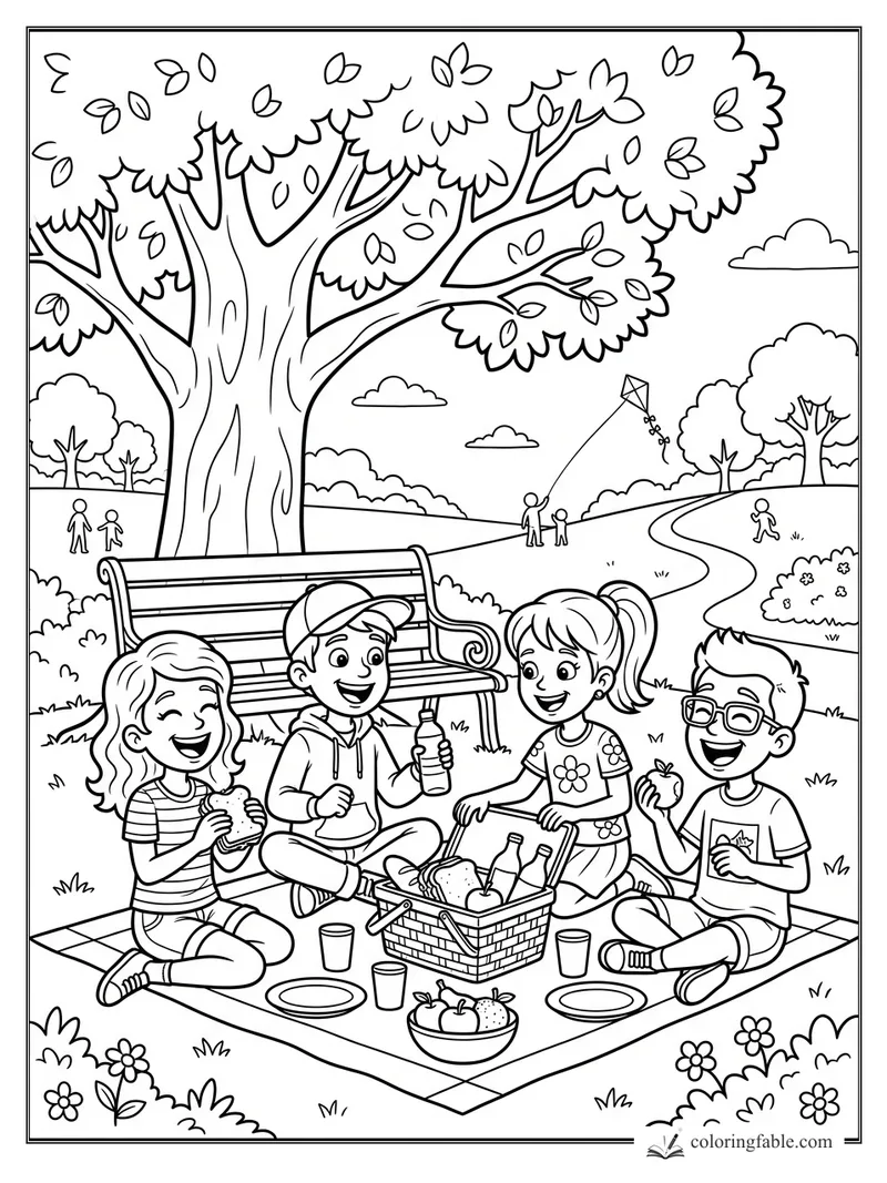 Four kids laugh on a picnic blanket under a big park tree with a kite, bench, basket, fruit, and path.