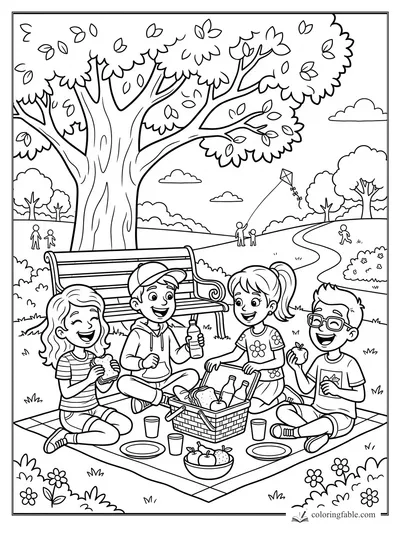 Four kids laugh on a picnic blanket under a big park tree with a kite, bench, basket, fruit, and path.