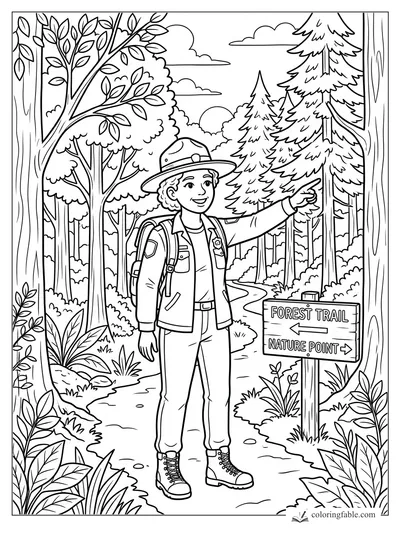 Smiling park ranger points beside a Forest Trail and Nature Point sign in the woods.
