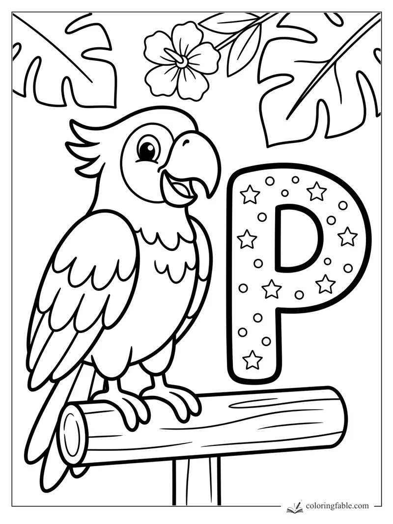 Smiling parrot on a log beside a big letter P with stars, dots, leaves, and a flower.
