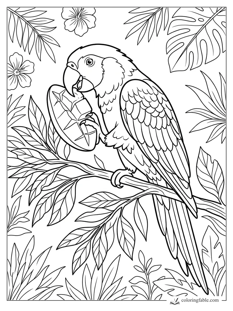 Parrot perched on a leafy branch, biting a cut mango among tropical flowers and leaves