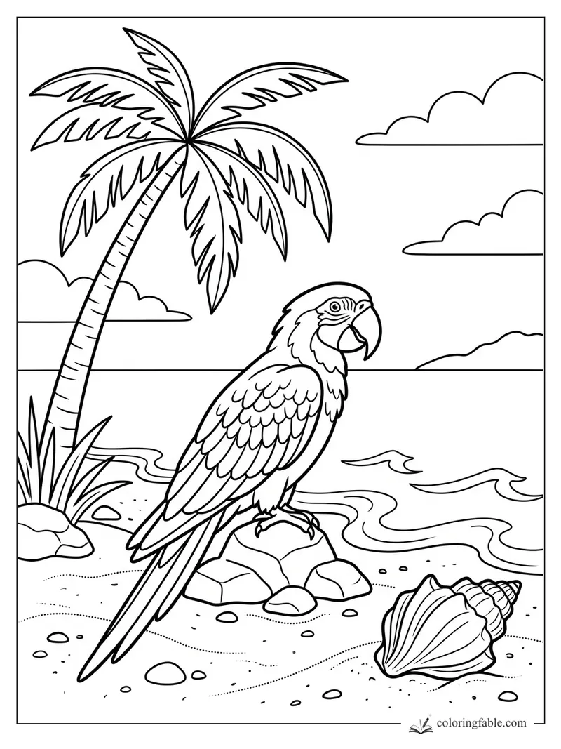 Parrot perched on beach rocks with a palm tree, waves, clouds, and a large seashell in the sand.
