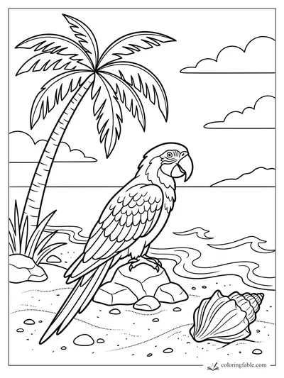 Parrot perched on beach rocks with a palm tree, waves, clouds, and a large seashell in the sand.