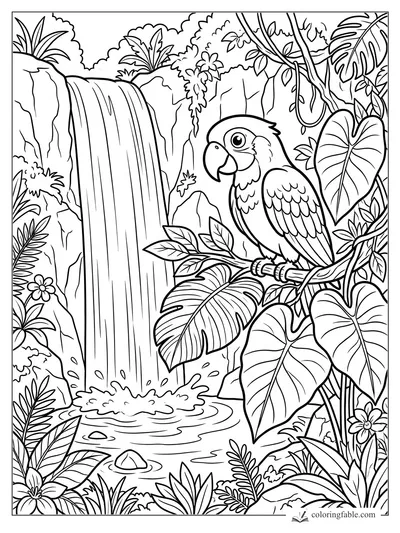 Cartoon parrot on a branch beside a tall jungle waterfall with vines, rocks, and large tropical leaves