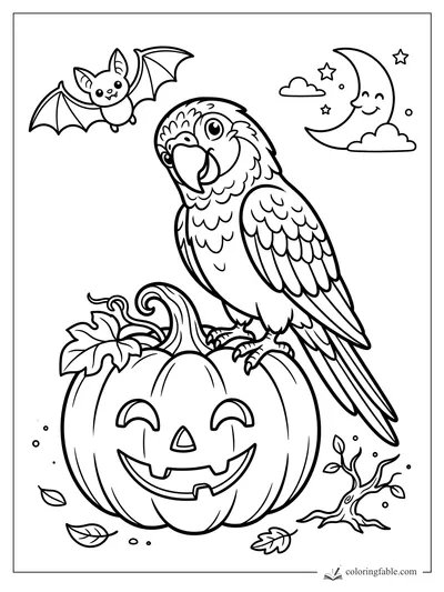 Cartoon parrot on a jack-o'-lantern with a bat, crescent moon, stars, leaves, and a tiny tree.