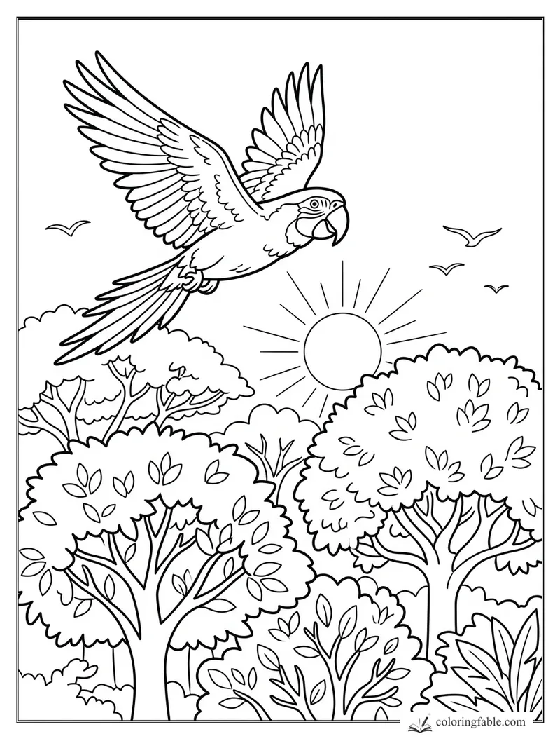 Flying parrot with spread wings above leafy jungle trees, sun, clouds, and small birds.