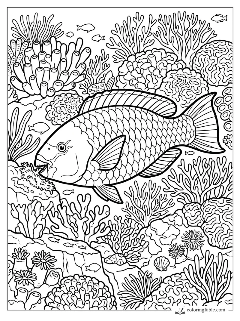 Large parrotfish nibbling coral among tube sponges, branching coral, tiny fish, shells, and sea flowers.