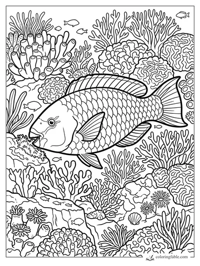 Large parrotfish nibbling coral among tube sponges, branching coral, tiny fish, shells, and sea flowers.