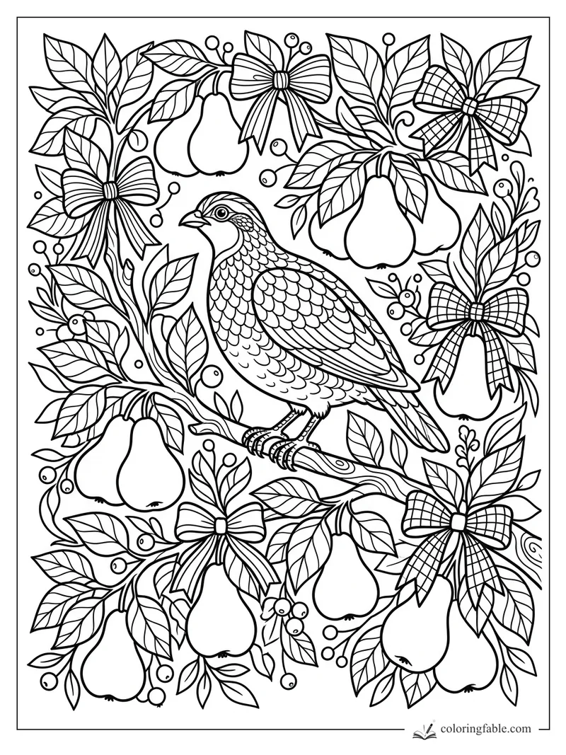 Partridge perched among pear branches, berries, leaves, and Christmas bows coloring page