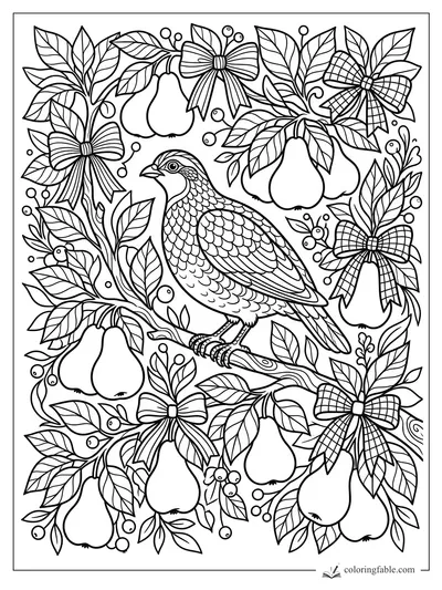 Partridge perched among pear branches, berries, leaves, and Christmas bows coloring page