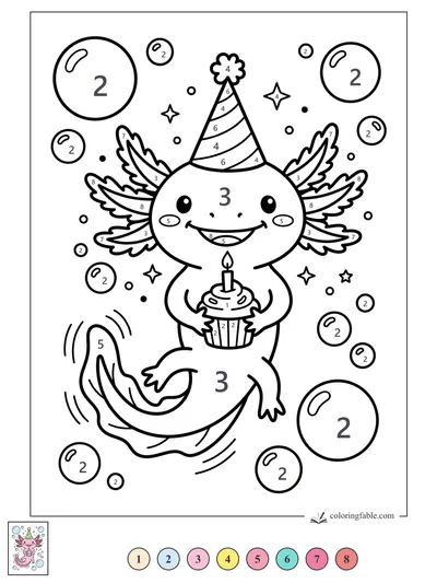 Party Axolotl with a Candle Cupcake — color by number