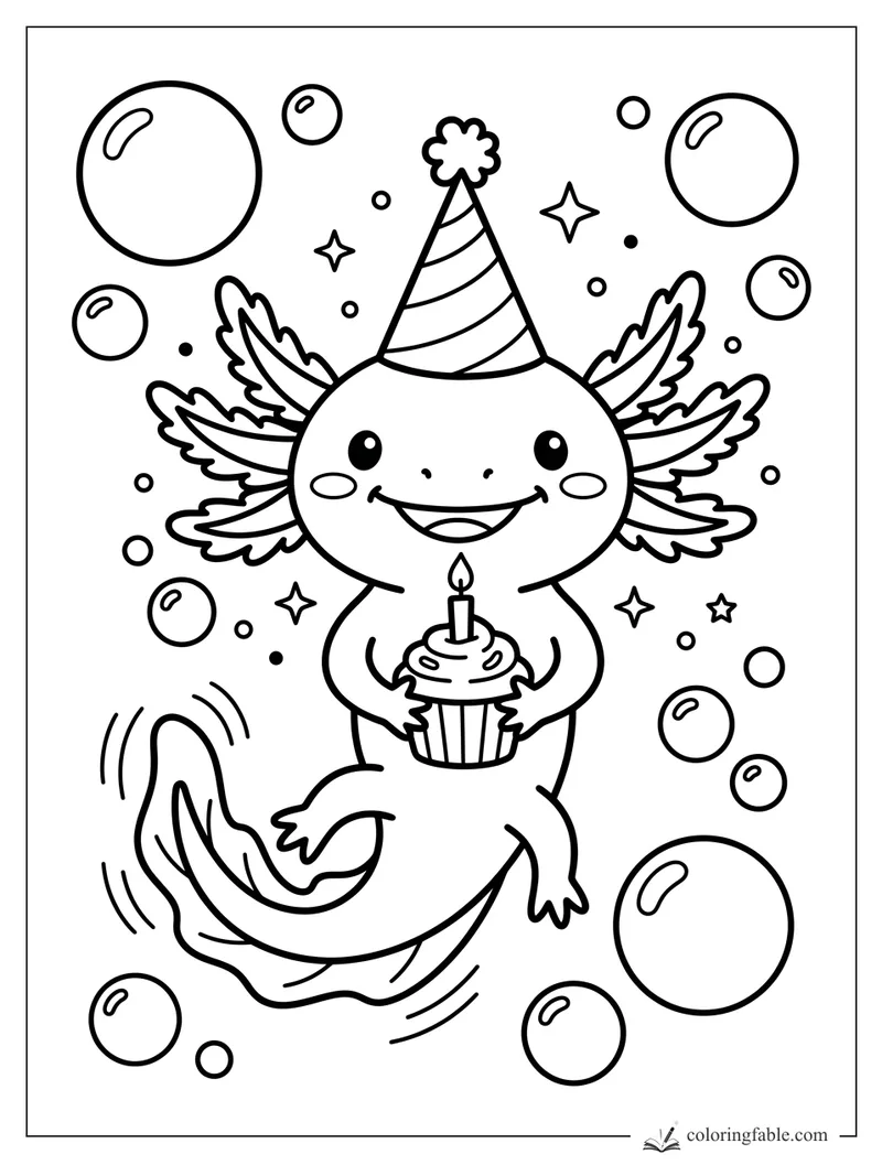 Smiling cartoon axolotl in a party hat holding a candle cupcake among bubbles and stars