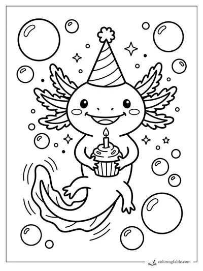 Smiling cartoon axolotl in a party hat holding a candle cupcake among bubbles and stars