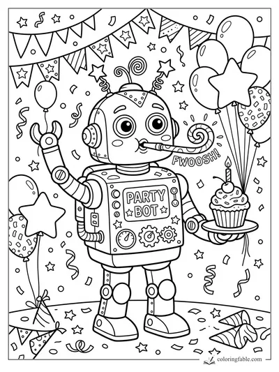 Cartoon Party Bot holding a cupcake and blowing a party horn under banners and balloons