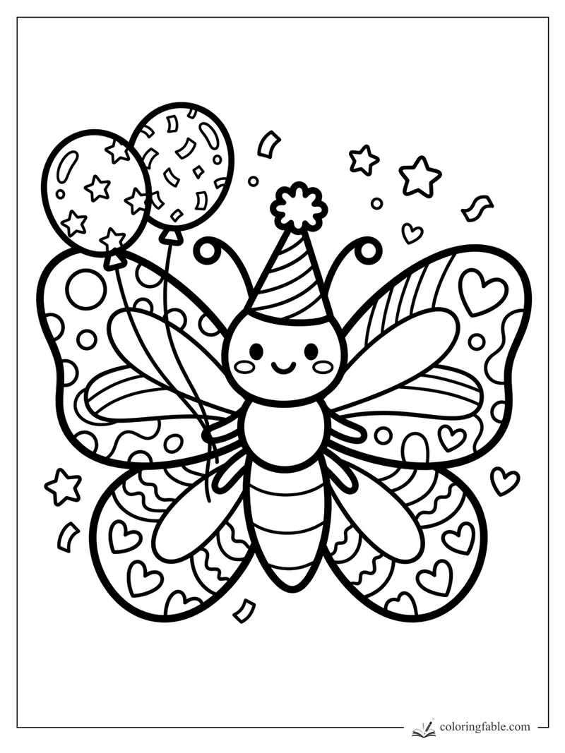 Smiling butterfly sticker with party hat, balloons, hearts, stars, and confetti on patterned wings.
