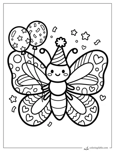 Smiling butterfly sticker with party hat, balloons, hearts, stars, and confetti on patterned wings.