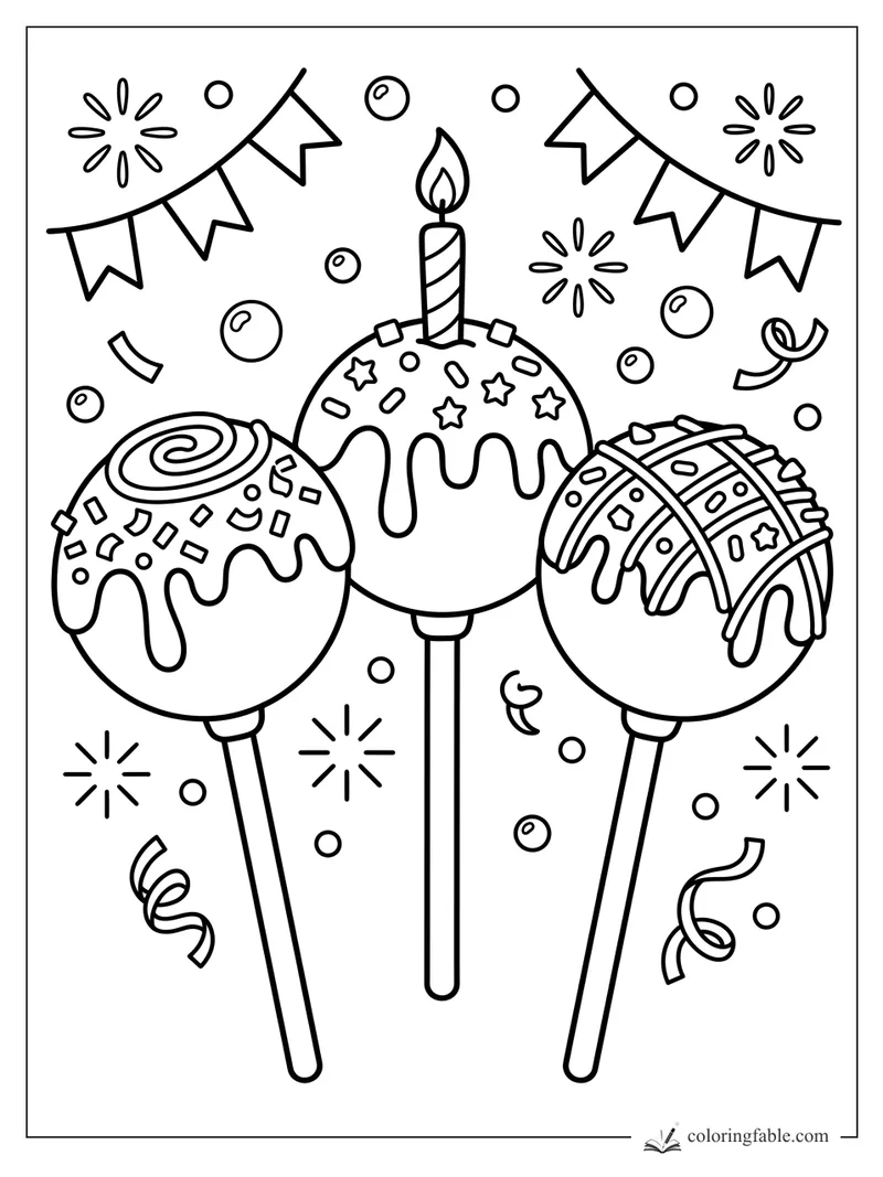 Three decorated cake pops with a candle, bunting flags, confetti, sprinkles, stars, and icing drips.