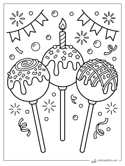 Three decorated cake pops with a candle, bunting flags, confetti, sprinkles, stars, and icing drips.