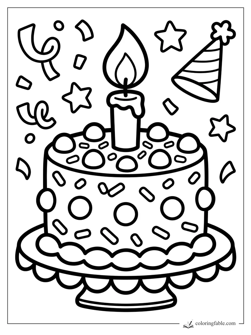 Bold easy coloring page of a birthday cake with candle, party hat, stars, and confetti