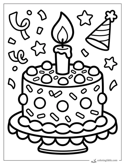 Bold easy coloring page of a birthday cake with candle, party hat, stars, and confetti