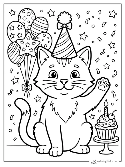 Smiling party cat in a striped hat waving beside balloons, confetti, stars, and a candle cupcake.