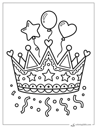 Cartoon party crown with stars, hearts, balloons, scalloped trim, and falling confetti