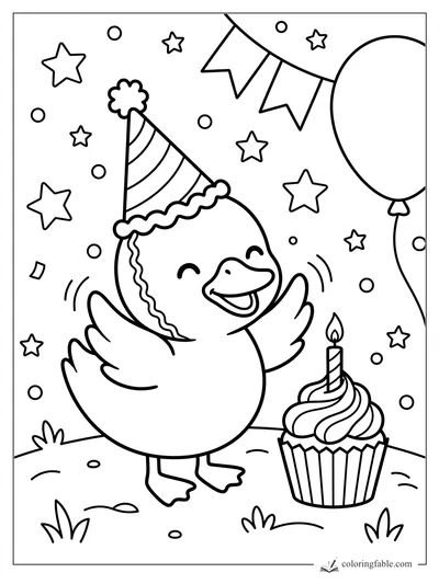 Kawaii duck in a striped party hat waving beside a cupcake, balloon, stars, and bunting.