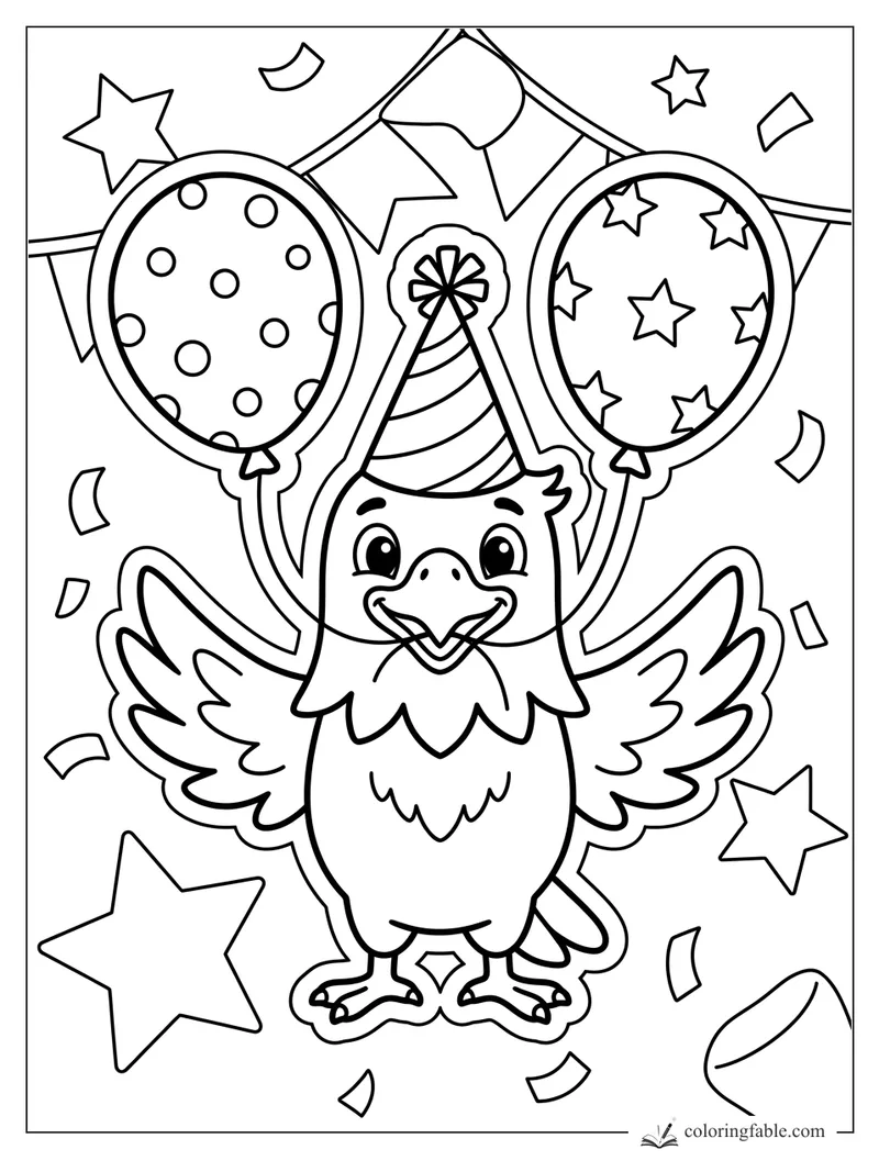 Smiling eagle in a party hat holding polka-dot and star balloons with bunting and confetti