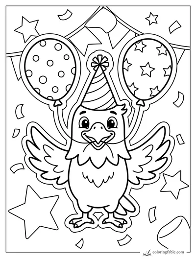 Smiling eagle in a party hat holding polka-dot and star balloons with bunting and confetti