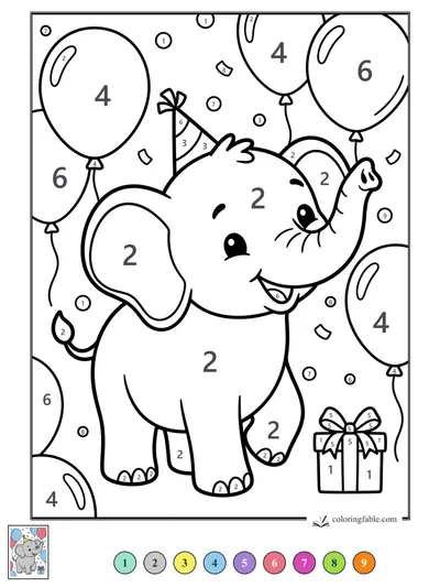Party Elephant With Balloons and Gift — color by number