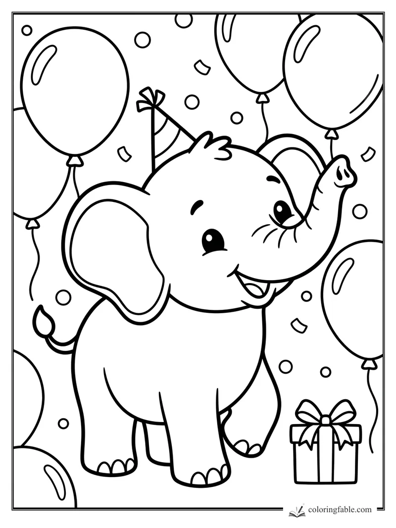 Kawaii elephant in a party hat surrounded by balloons, confetti, and a wrapped present.