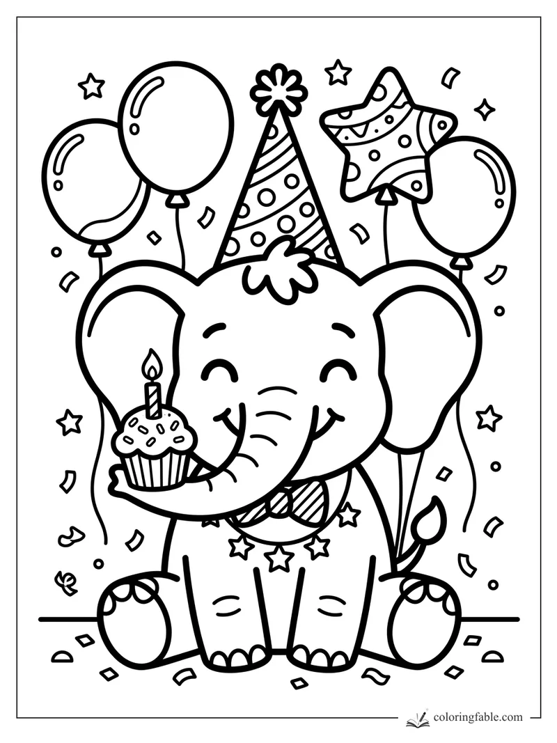Smiling baby elephant in a party hat holding a candle cupcake, with balloons, confetti, and a star balloon.