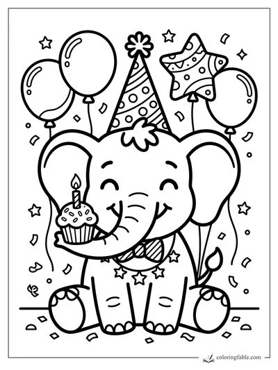 Smiling baby elephant in a party hat holding a candle cupcake, with balloons, confetti, and a star balloon.