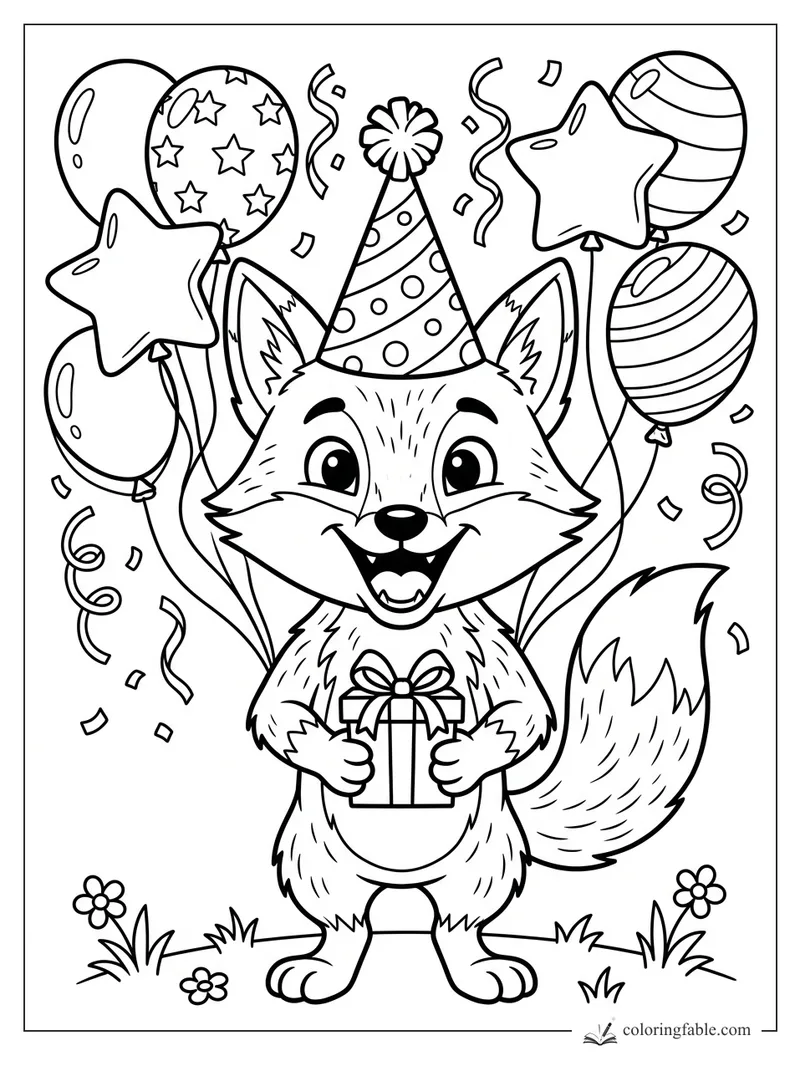 Cartoon fox in a party hat holding a present, with star balloons, round balloons, confetti, and flowers.