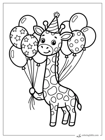 Cute giraffe in a party hat holding star and polka-dot balloons coloring page