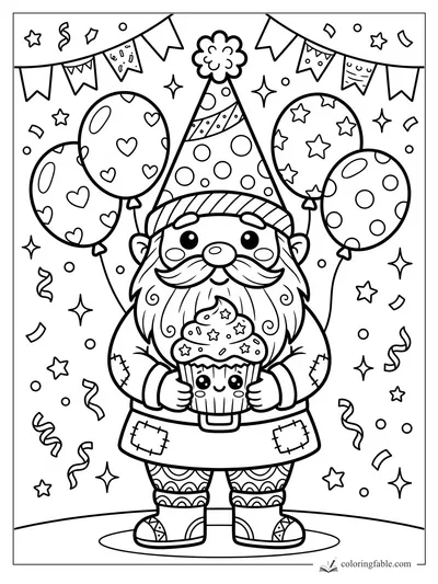 Kawaii gnome holding a smiling cupcake, surrounded by balloons, bunting, stars, and confetti.