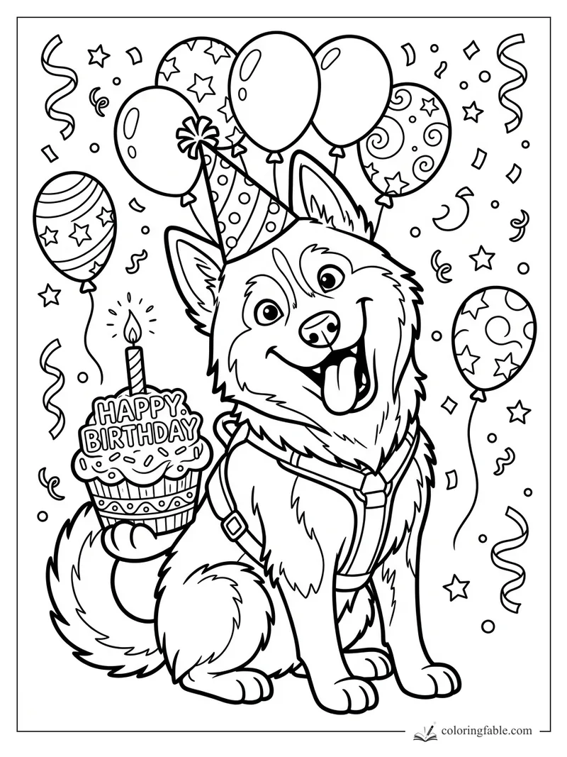Cartoon husky in a party hat holding a birthday cupcake with balloons, stars, and confetti.