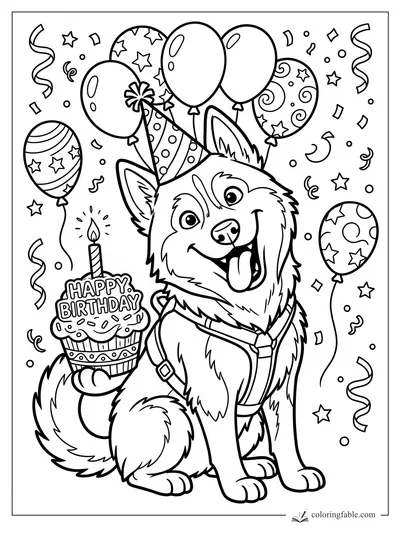 Cartoon husky in a party hat holding a birthday cupcake with balloons, stars, and confetti.