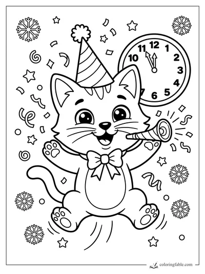 Cartoon kitten in a party hat blowing a horn beside a midnight clock, confetti, stars, and snowflakes.