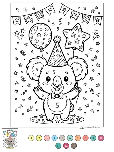 Party Koala with Balloons and Bunting — color by number