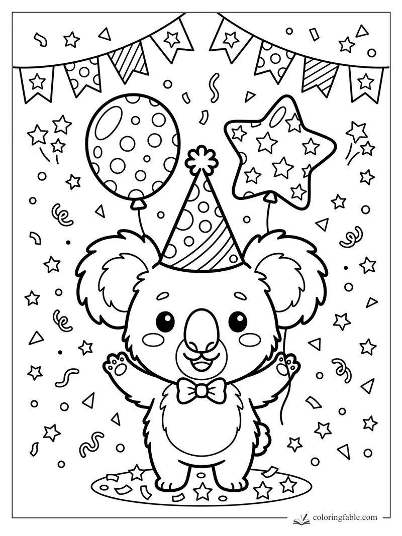 Kawaii koala in party hat holding a polka dot balloon and star balloon under bunting and confetti.