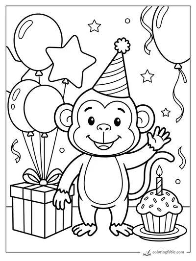 Cartoon monkey in a striped party hat waving beside balloons, a gift box, stars, and a cupcake candle.
