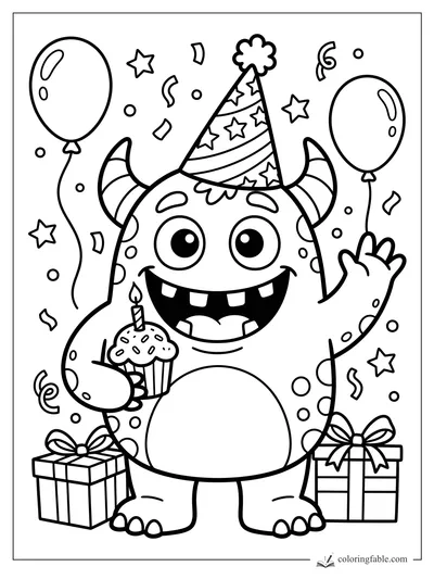 Smiling horned monster in a party hat holding a candle cupcake, with balloons, confetti, stars, and gifts.