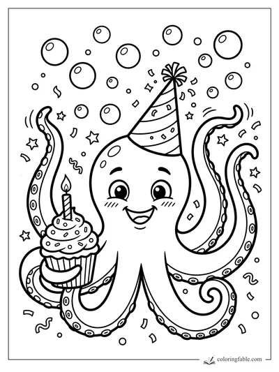 Smiling cartoon octopus in a party hat holding a cupcake with bubbles, stars, and confetti.