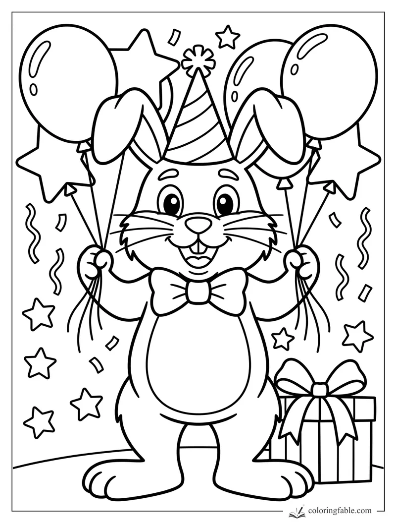 Smiling party rabbit holding balloons, wearing a striped hat and bow tie beside a wrapped gift