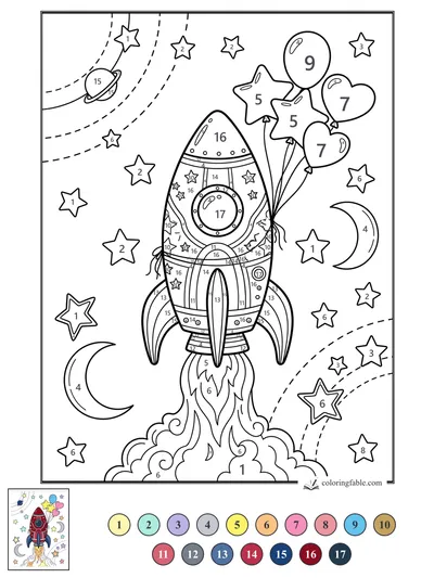 Party Rocket Blasting Past Moons and Balloons — color by number